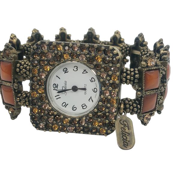 Vintage Felicia Crystal Accented Bronzetone Stretch Watch -NOS Unworn Timepiece - Picture 1 of 6
